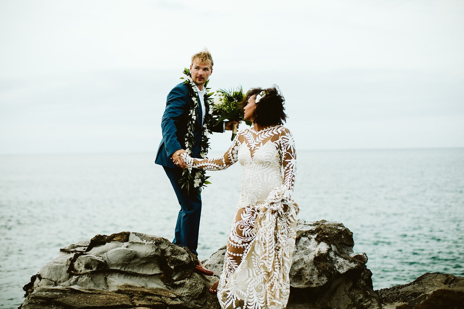 Brijet and Dustin pose in their wedding clothes during their Intentional Wedding in Hawaii