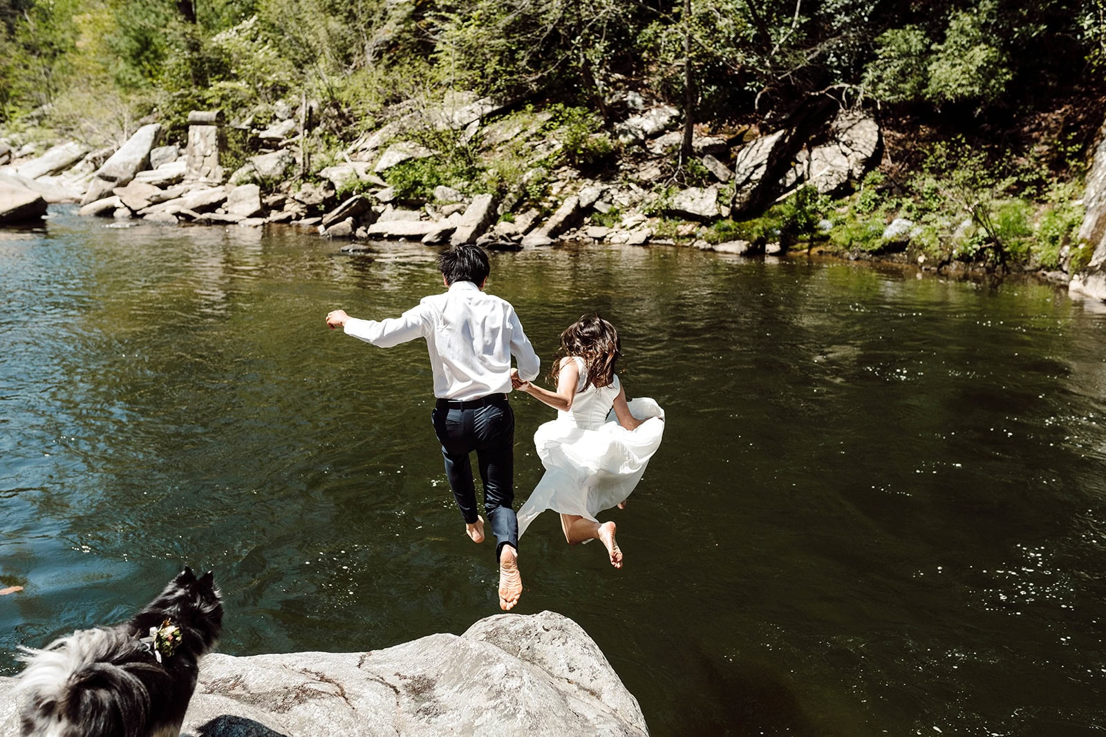 jackie+richard jump in the Linville River on their Asheville Adventure Elopement Day